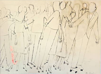 BEN SHAHN 1965 "ROLLERSKATERS OR STUDY FOR ANDANTE" INK DRAWING - $20K APR W COA: BEN SHAHN 1965 "ROLLERSKATERS OR STUDY FOR ANDANTE" INK DRAWING LITHOGRAPH - $20K APPRAISAL VALUE! ITEM DESCRIPTION: One original Ben Shahn 1965 “Rollerskaters or study for andante” ink drawin