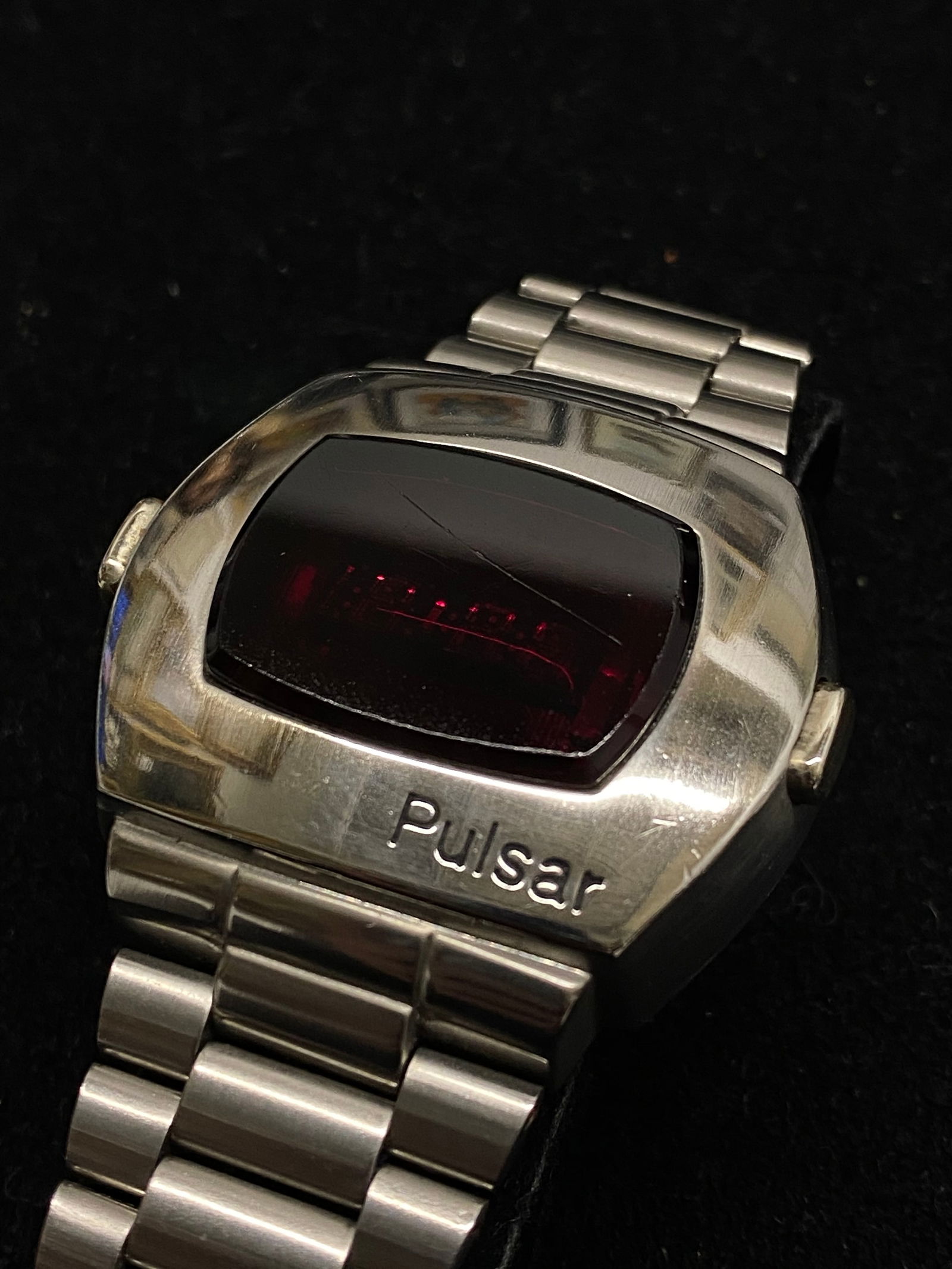 PULSAR James Bond P2 2900 LED Digital Watch in Stainless Steel - $6K Appraisal Value!: this Pulsar P2 2900 LED Digital Watch as worn by James Bond (Roger Moore) in the movie Live and Let Die (1973) watch keeps time as impeccable as its style. The watch can be seen on Bond's wrist in the