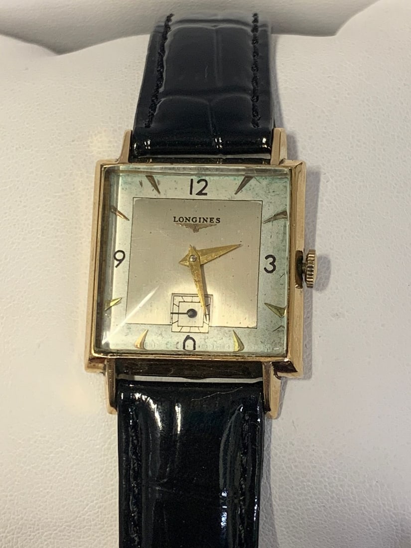 LONGINES 1940s 14K YG WATCH w/ SQUARE CASE TWOTONE SUBSECOND - $10K APR w COA! (1 of 6)