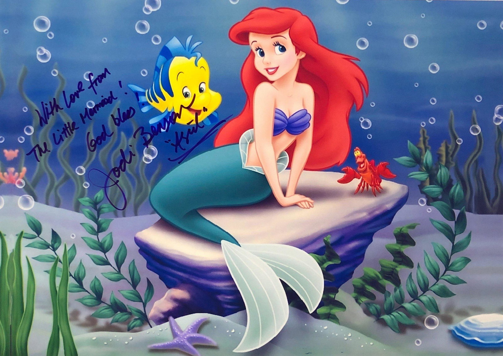Little Mermaid Jodi Benson Signed Photo: Autographed by:Jodi BensonSize: 8" x 10"Authentication Code: PC25767Unframed Vertified and Excellent Condition. Please kindly read our Terms and Conditions before bidding.