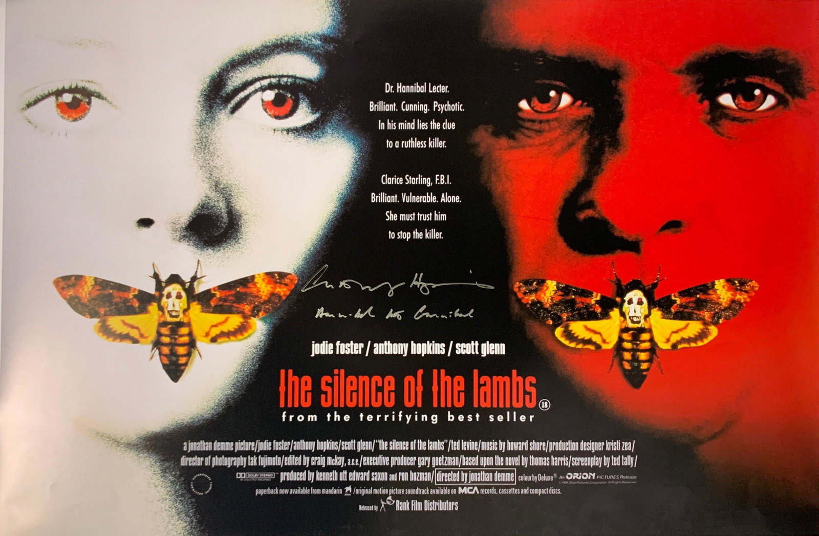 Anthony Hopkins Autograph SignedSilence of the Lamb: Category: Autograph CollectiblesAutograph Includes: Anthony HopkinsSize : 24' x 36'Item is in great condition with no damage, unframed and certified.Please review our Terms and Conditions before biddi