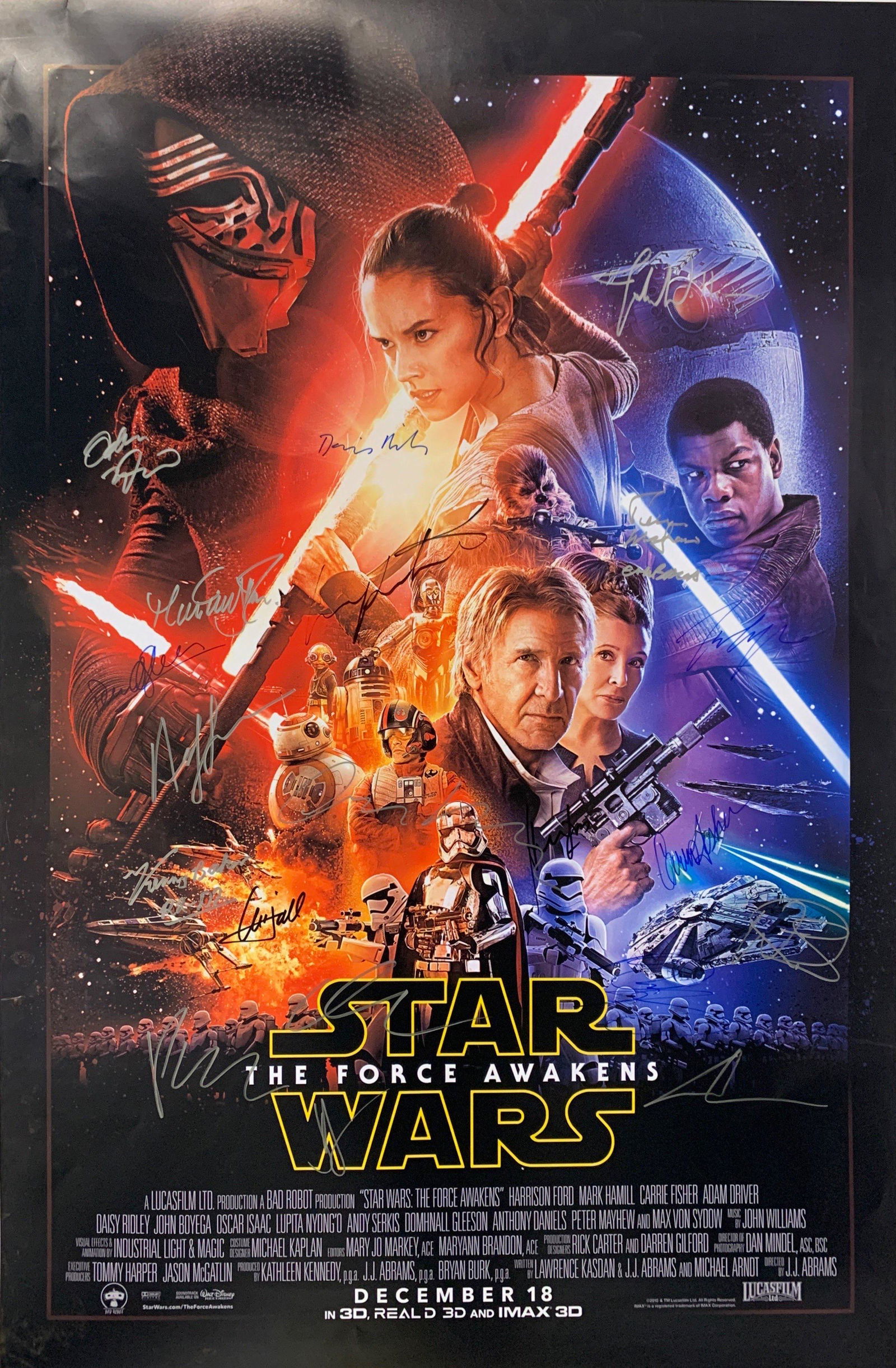Harrison Ford Autograph Signed Star Wars Force Awaken: Category: Autograph CollectiblesAutograph Includes: Harrison Ford, Mark Hamill, Carrie Fisher, Peter Mayhew, Kenny Baker, Warwick Davis, george Lucas, John Williams, Max von Sydow, Andy Serkis, Simon
