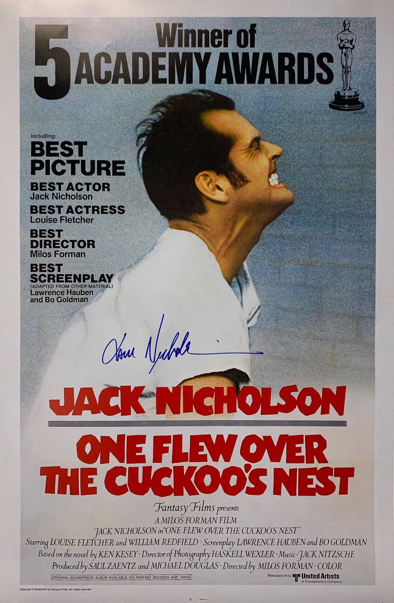 Autograph Signed Flew Over the Cuckoos Nest Poster: Category: Autograph CollectiblesAutograph Includes: Jack NicholsonSize : 24' x 36''Item is in great condition with no damage, unframed and certified.Please review our Terms and Conditions before biddi