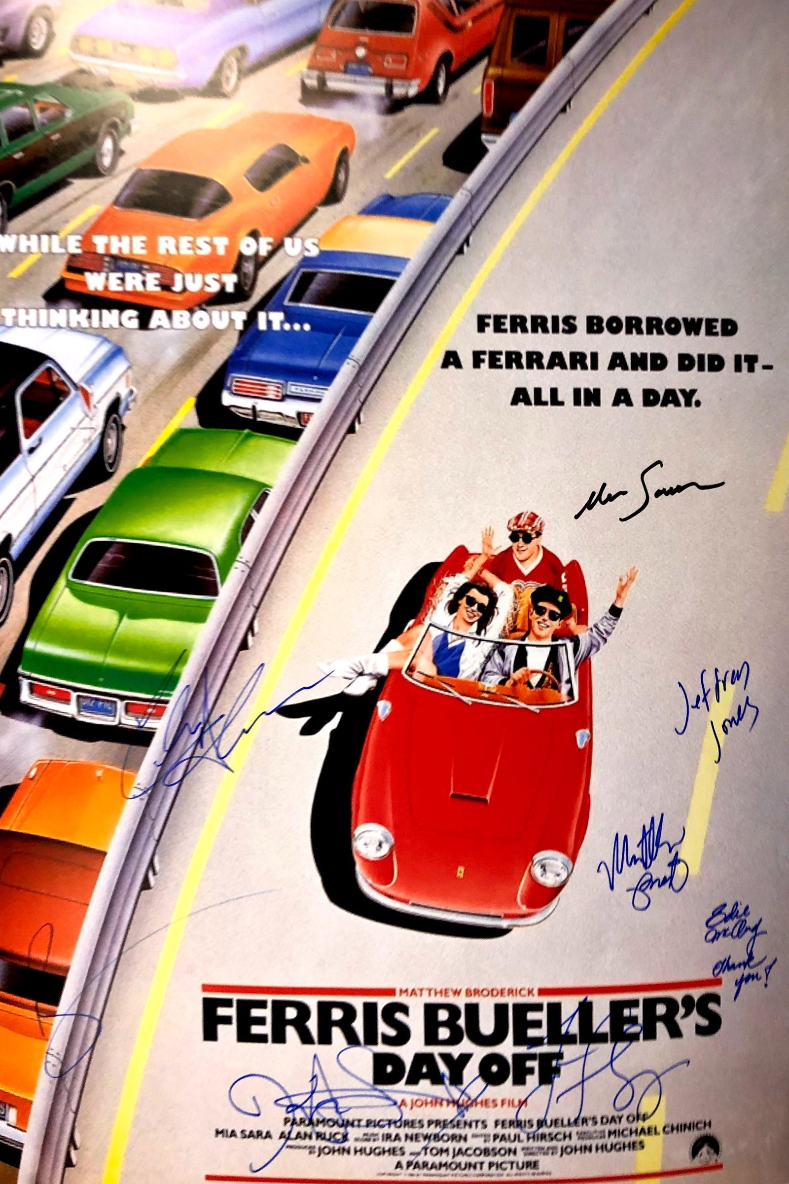 Autograph Signed Ferris Buellers Day Off Poster: Category: Autograph CollectiblesAutograph Includes: Matthew Broderick, Mia Sara, Alan Ruck, Jeffrey Jones, Jennifer Grey, Edie McClurg, Ben Stein, Kristy Swanson, Charlie SheenSize : 24' x 18''Item is