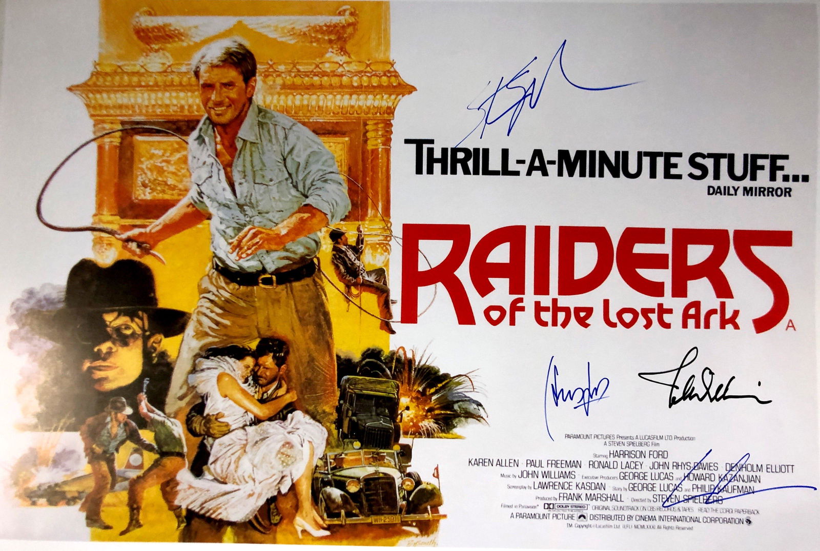 Autograph Signed Indiana Jones Lost Ark Poster: Category: Autograph CollectiblesAutograph Includes: Harrison Ford, John Williams, George Lucas, Steven SpielbergSize : 24' x 18''Item is in great condition with no damage, unframed and certified.Pleas