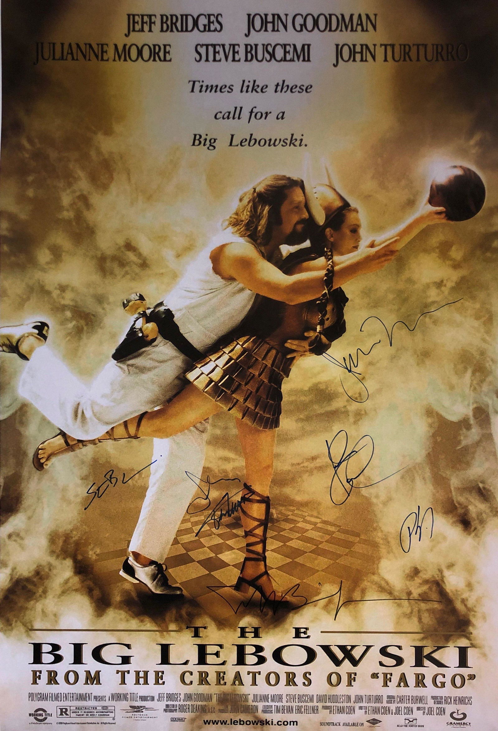 Big Lebowski Jeff Bridges Signed Poster: Autographed by:Jeff Bridges, John Goodman, Julianne Moore, Steve Buscemi, John Turturro, Philip Seymour HoffmanSize: 24" x 36"Code:P37472Unframed Vertified and Excellent ConditionPlease kindly read ou