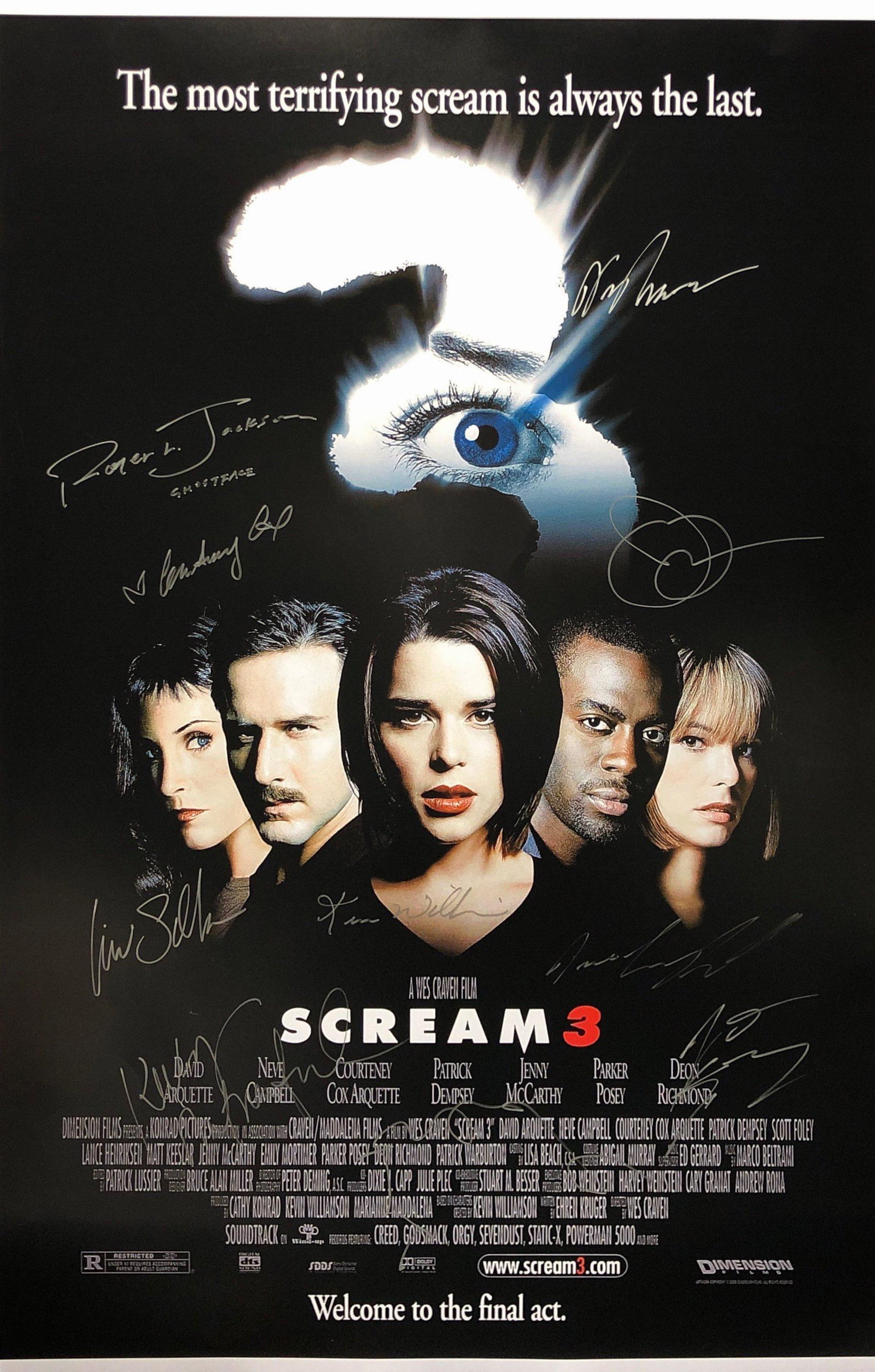 Scream 3 Poster Neve Campbell Courteney Cox Wes Craven: Category: Autograph CollectiblesUnframed Vertified and Excellent Condition Please kindly read our Terms and Condition before bidding.Autographed by:Neve Campbell, Courteney Cox, Liev Schreiber, Wes Cr