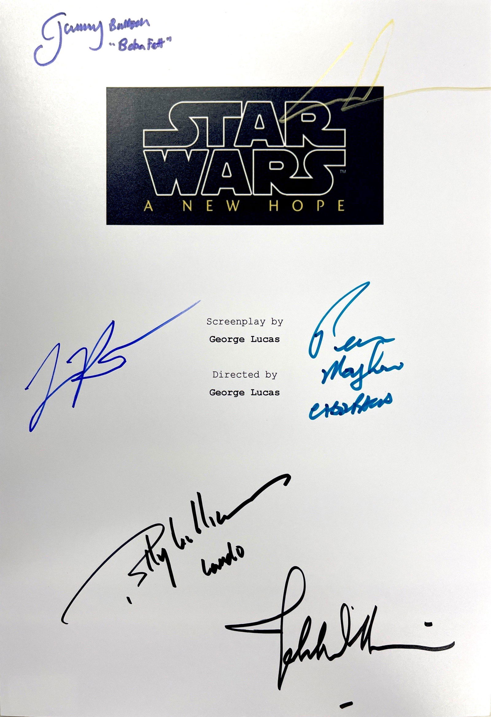 Autograph Signed Star Wars New Hope Script Cover: Category: Autograph CollectiblesAutograph By: Jeremy Bulloch, John Williams, Peter Mayhew, Billy Dee Williams, George Lucas, Lawrence KasdanUnframed Vertified and Excellent ConditionDetails are as sho