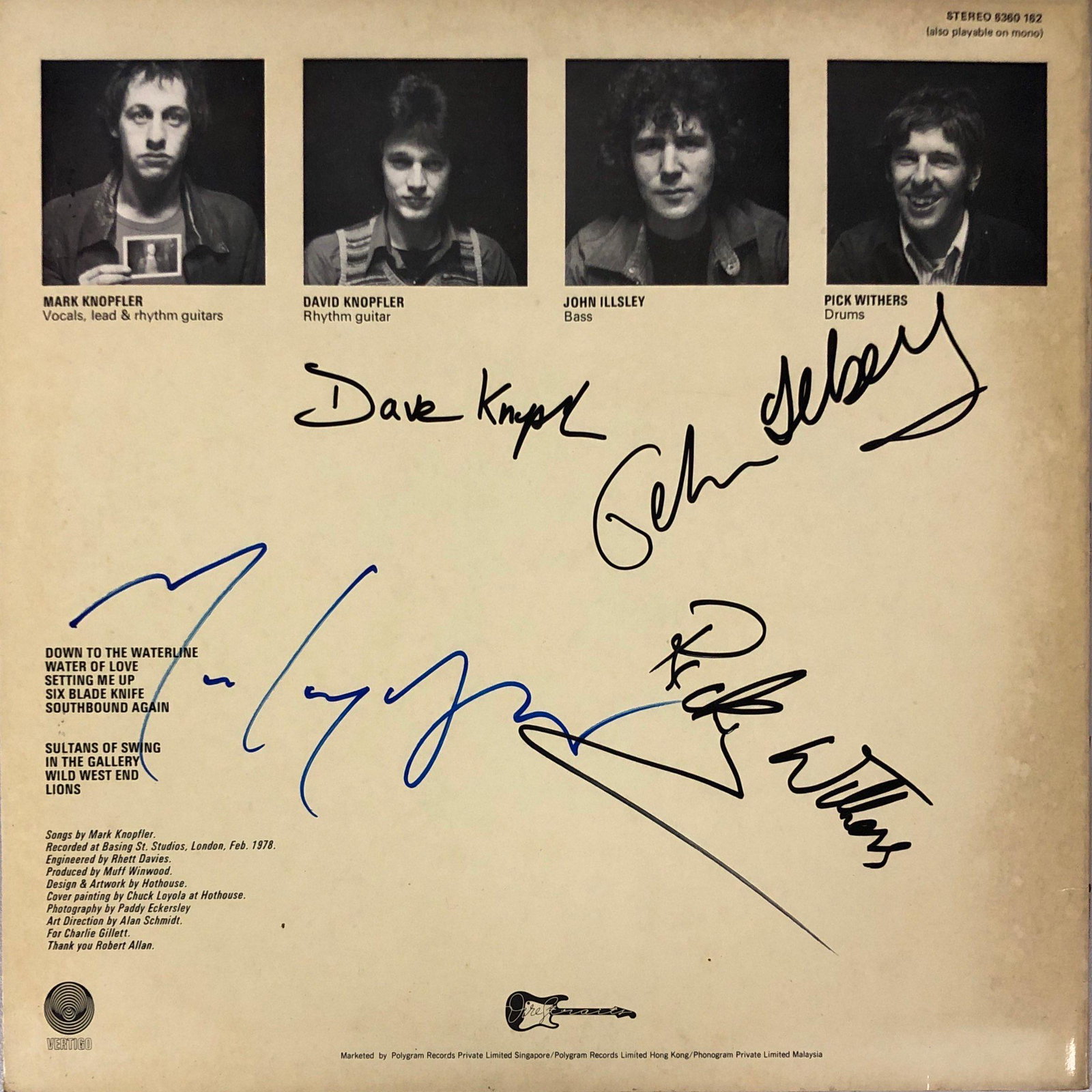 Mark Knopfler Autograph Signed Dire Straits Vertigo: Autograph Includes: Mark Knopfler, David Knopfler, John Illsley, Pick WithersUnframed Vertified and Excellent ConditionIf image of documentation is attached in the listing, the lot is sold with docume
