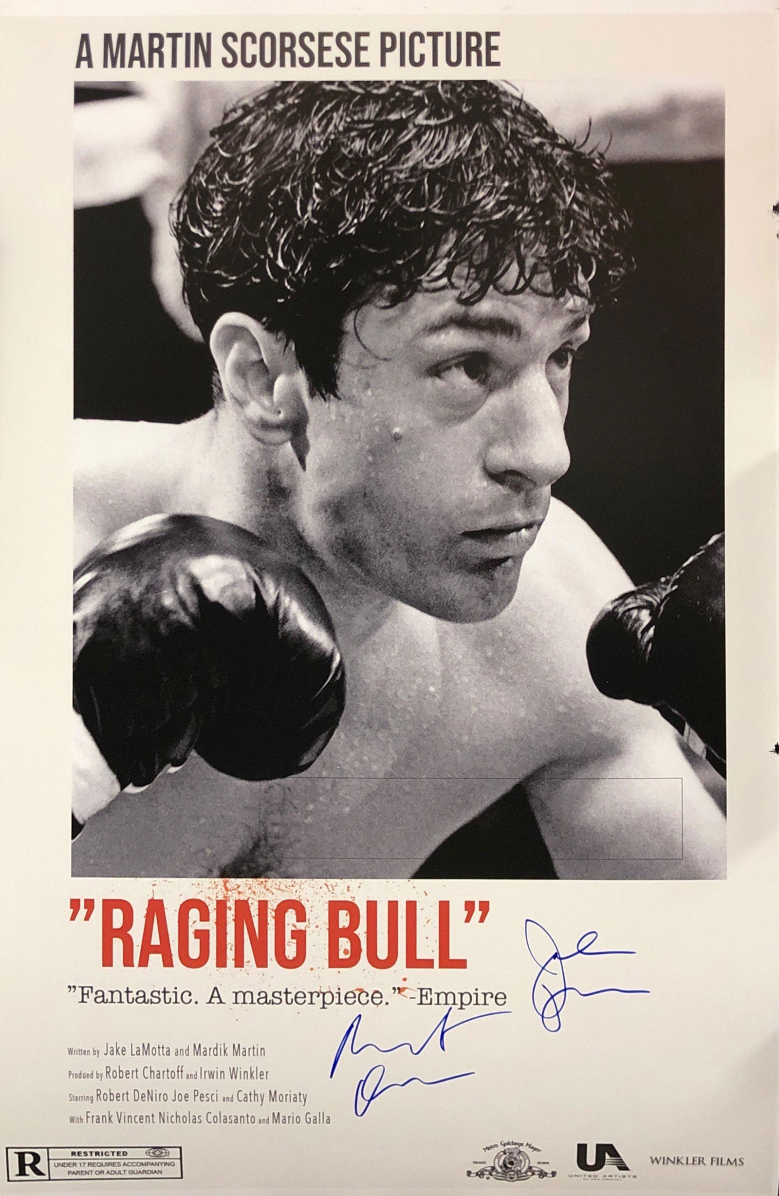 Raging Bull Robert De Niro Poster Signed: Category: Autograph Photo CollectiblesUnframed Vertified and Excellent Condition Please kindly read our Terms and Conditions before bidding.Autographed by:Robert De Niro, Joe PesciSize : 24" x 36"