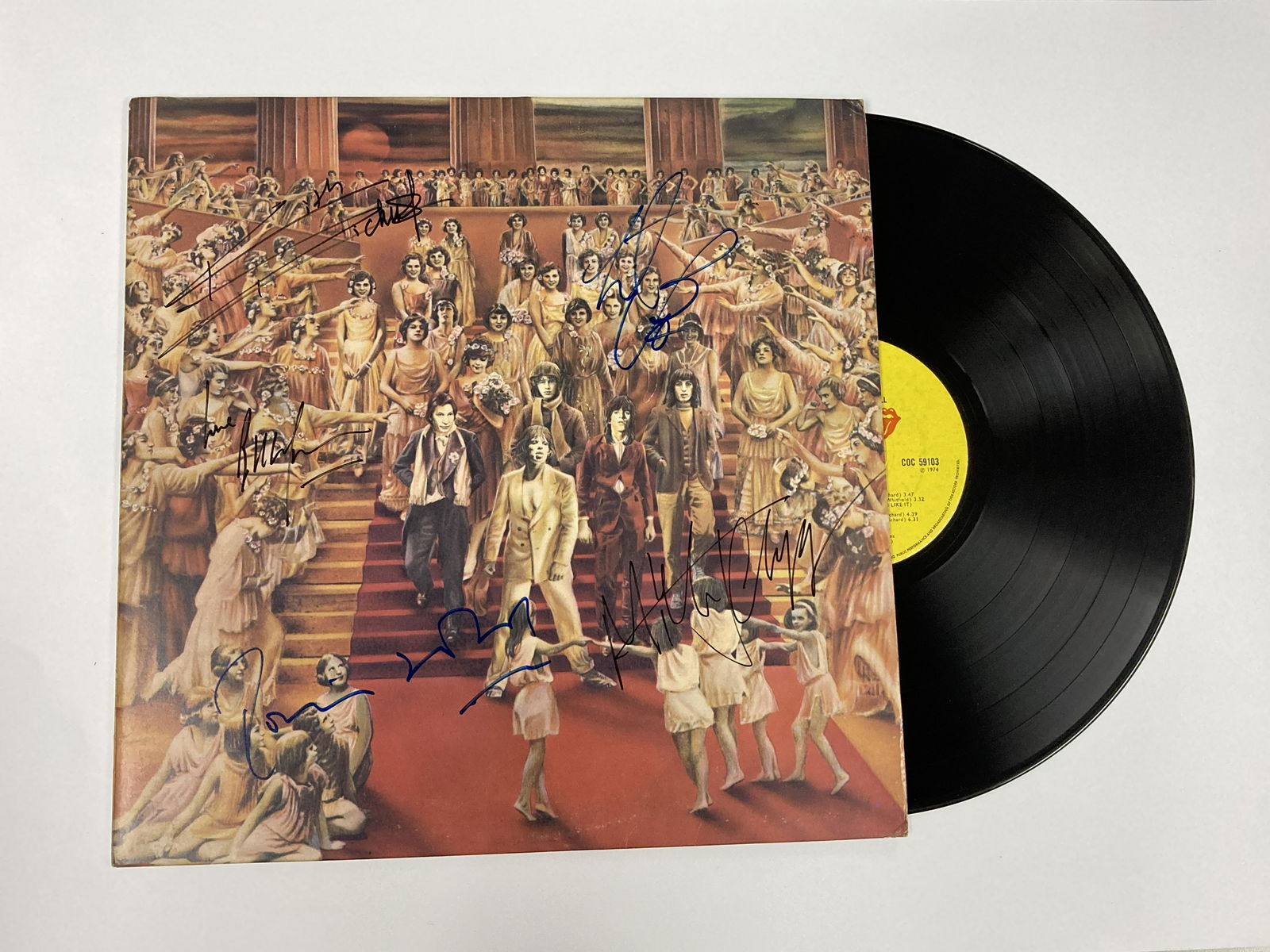 Autograph Signed Rolling Stones Vinyl: Category: Autograph CollectiblesAutograph Includes: Mick Jagger, Keith Richards, Charlie Watts, Ronnie Wood, Bill WymanItem is in great condition with no damage, unframedIf image of documentation is n