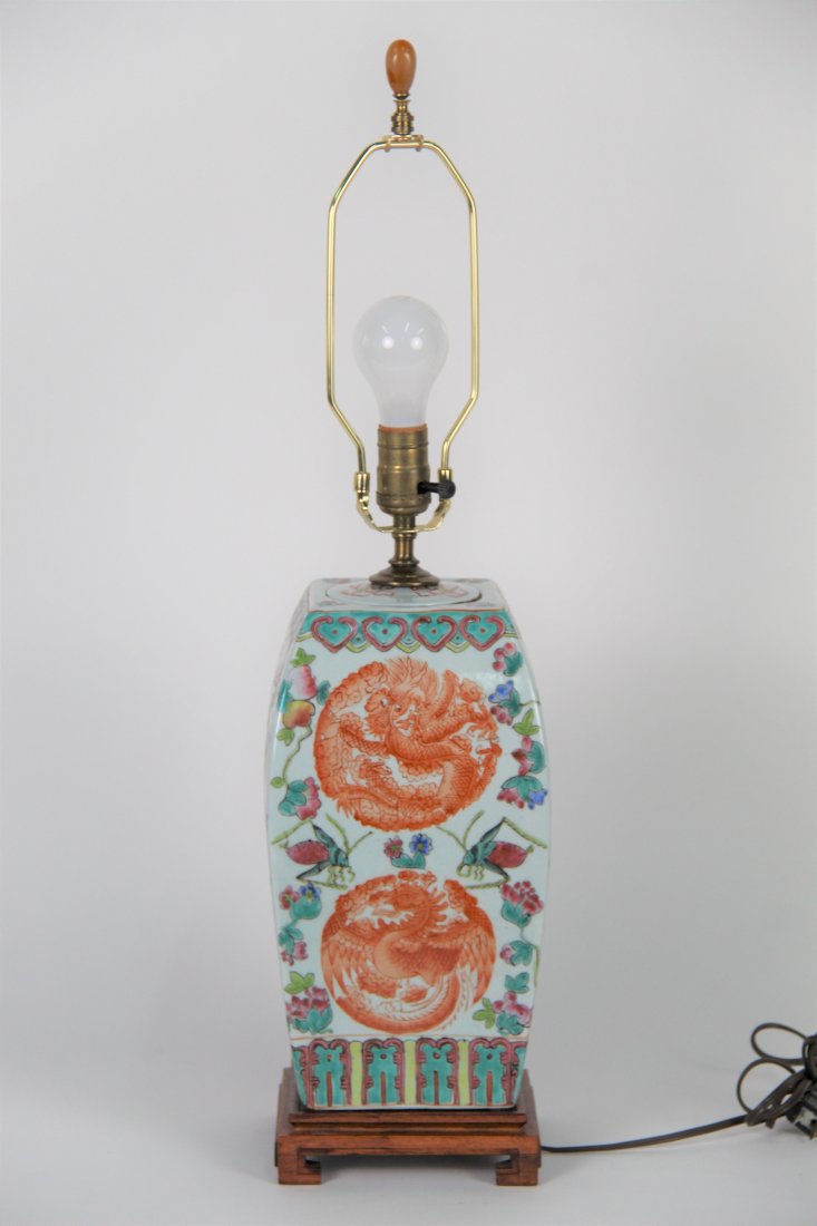 An Asian Dragon Lamp With Jadite Finial: Beautifully painted Asian dragon lamp in shades of teal, rose and white
