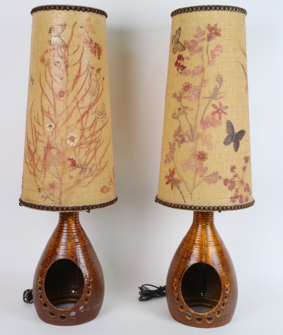 Accolay Ceramic Lamps With Its Herbarium Shade: Large lamp by Accolay, circa 1970, with the ceramic base and a medallion with inlaid crystal effects and its original lampshade decorated with flowers, foliage and butterflies included in the resin. D