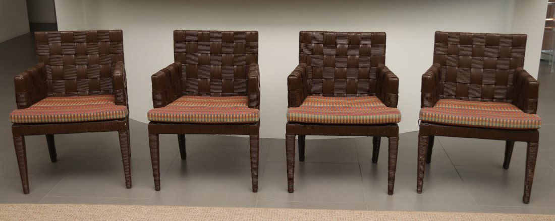 Set of 4 Donghia Block Island John Hutton Brown Arm Chairs: Set of 4 block island armchairs by John Hutton for Donghia. Found in brown glazed finish with custom upholstered multicolor fabric cushions. Sturdy mahogany frame with block pattern cane veneer in the