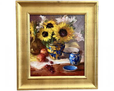 Floral In Italian Vase By Mary Dolph Wood, Oil On Linen: Glorious sunflowers a popular still-life choice even before Van Gogh's iconic Sunflowers in a Vase seem to glow in this oil painting. They're placed in a blue and yellow vase and set with apples cherr