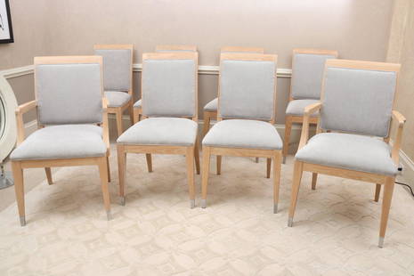 Modern Dining Chairs By Jay Spectre Set Of 8: This set of 8 modern dining chairs from Jay Spectre feature timeless style with their gray fabric upholstery pickled oak wood frame and unique detailing. The legs are crafted from metal with a stylish