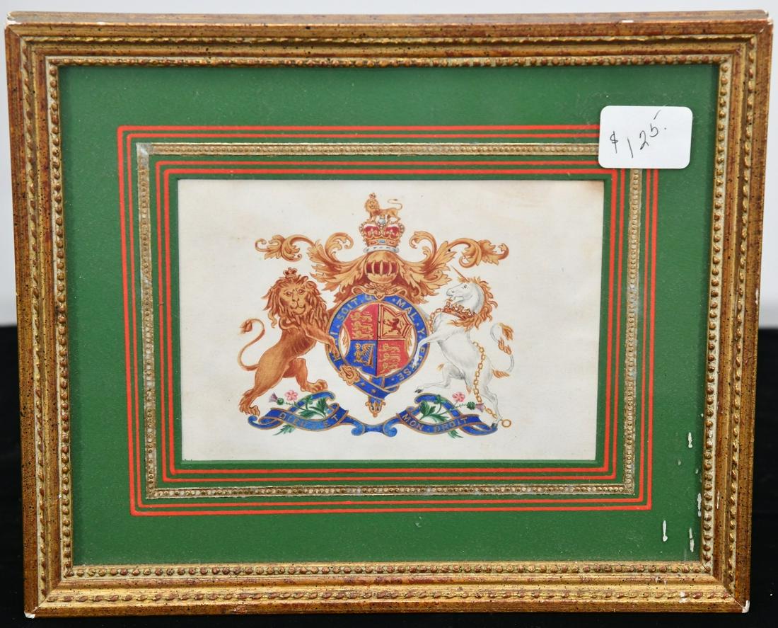 British School, 19th Century British Royal Coat Of Arms Ink And Watercolor: This British School painting depicts an iconic 19th Century British Royal Coat of Arms which was completed in a vibrant palette of ink and watercolor by a British artist. The impressive artwork is bea