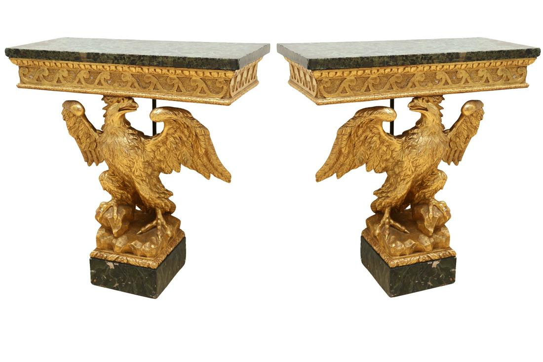 A PAIR OF GILTWOOD EAGLE CONSOLE TABLES IN THE MANNER OF FRANCIS BRODIE (1 of 18)