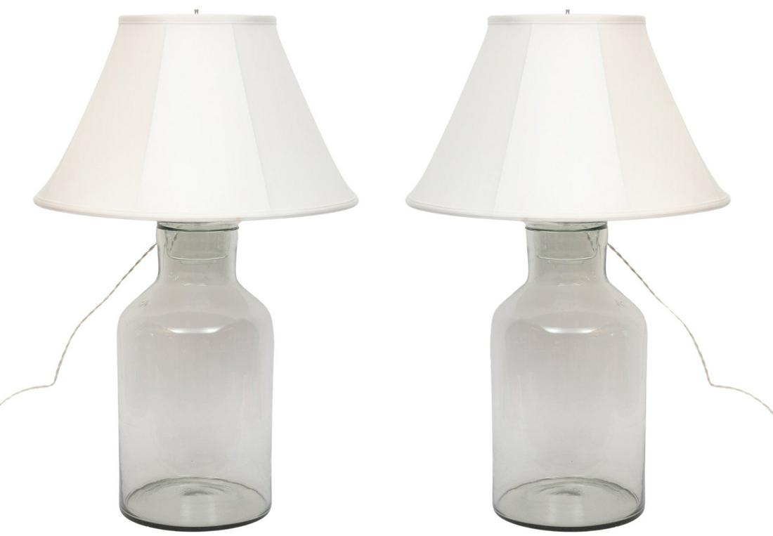 19th Century Hand Blown Glass Jar Lamp W/ Linen Shade- A Pair (1 of 9)