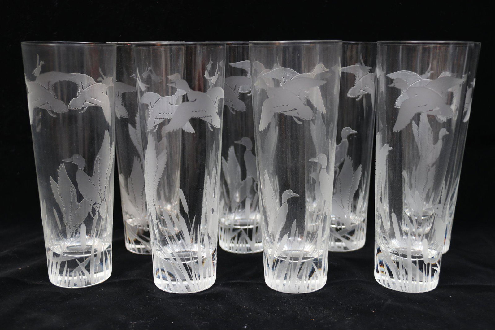 Mid Century Flying Duck Cocktail Glass: Fabulous mid century cocktail glass with etched frosted ducks in flight. Produced by the Libbey Glass Co. in the USA circa 1970. These glasses will look fabulous on a bar cart and even better in your 