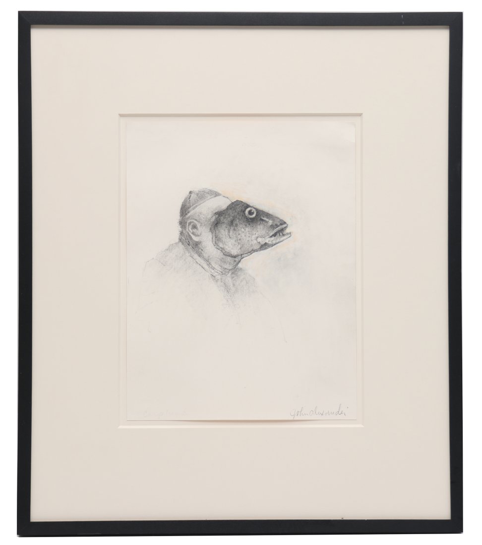John Alexander (American/Texas, B. 1945), Fish Head, 2010.: Charcoal and pastel on paper. from the private collection of Pascal Dangin NYC. Artist signed lower right. Framed behind museum glass and matted in frame