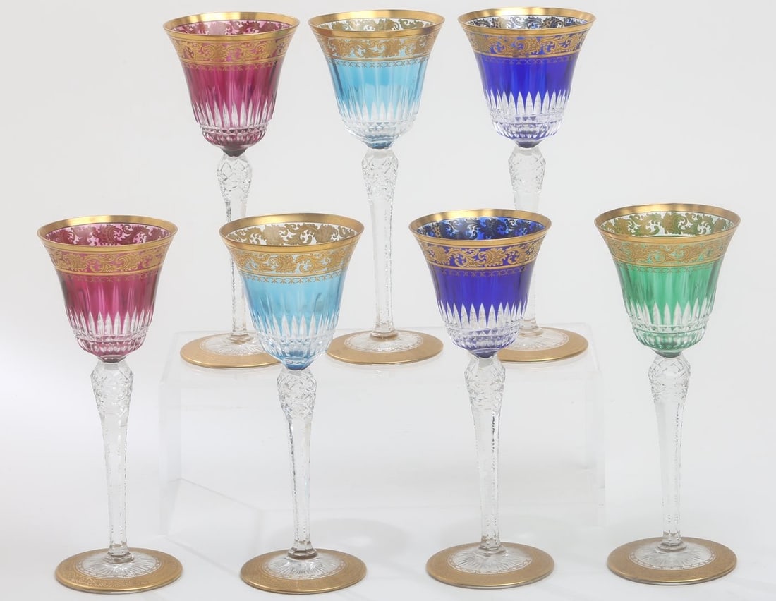 St Louis Thistle Crystal Wine Glasses: collection of 6 glasses all good condition-vibrant colors