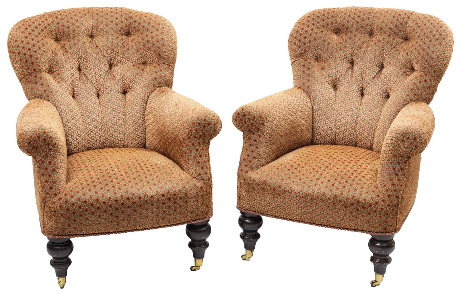 Custom Upholstered Tufted Roll Arm Side Chairs: chairs in very good conditionsitting on mahogany legs with casters-measure 31 x 32 x 36- seat height 17- depth 22