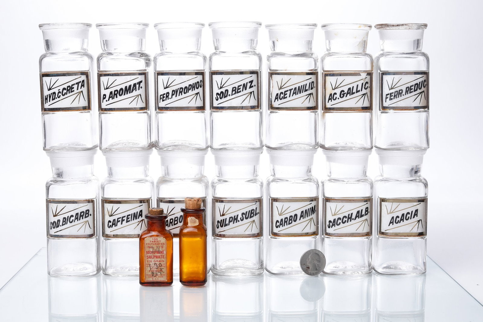 Apothecary Jar Collection: collection of 16 vintage apothecary glass jarstops included and in good condition