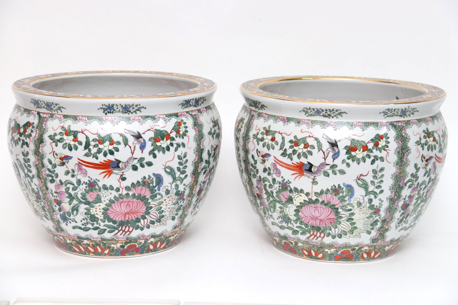 Chinese Fishbowl Planters- A Pair: large 12 x 15 plantersmarked on bottom andrea of sadekflowers birds and fish decor throughout