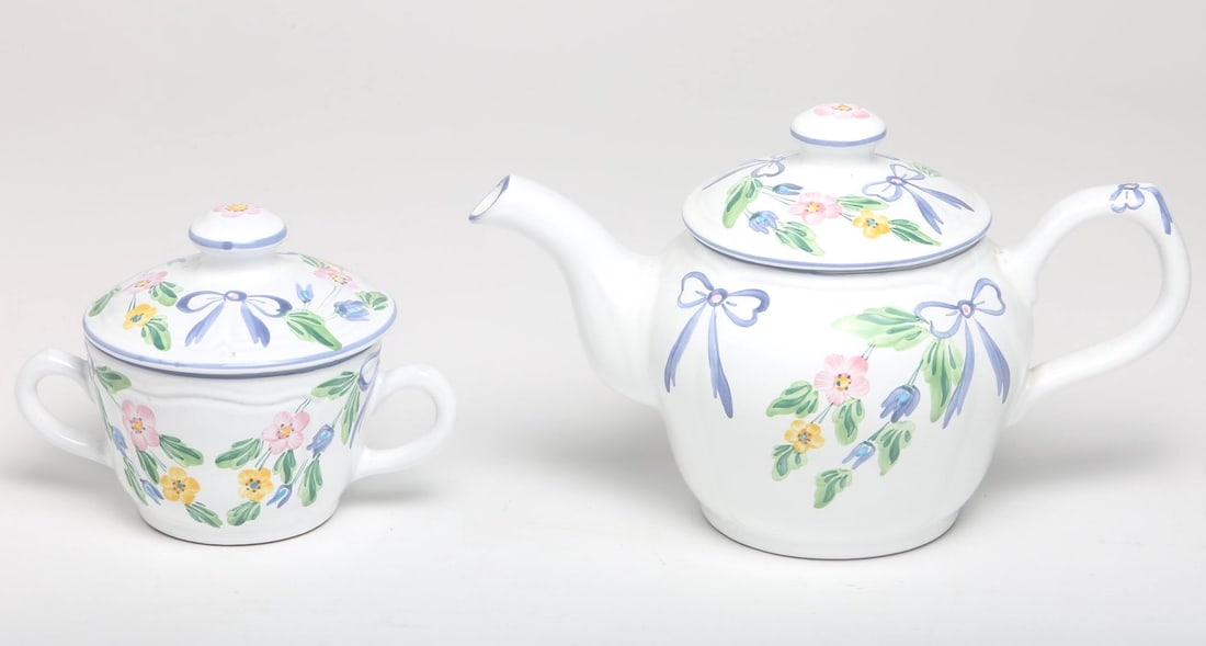 Herend Tea Pot & Lidded Sugar: Teapot 10 x 5 x 6 Lidded Sugar 6.5 x 5 x 4.5