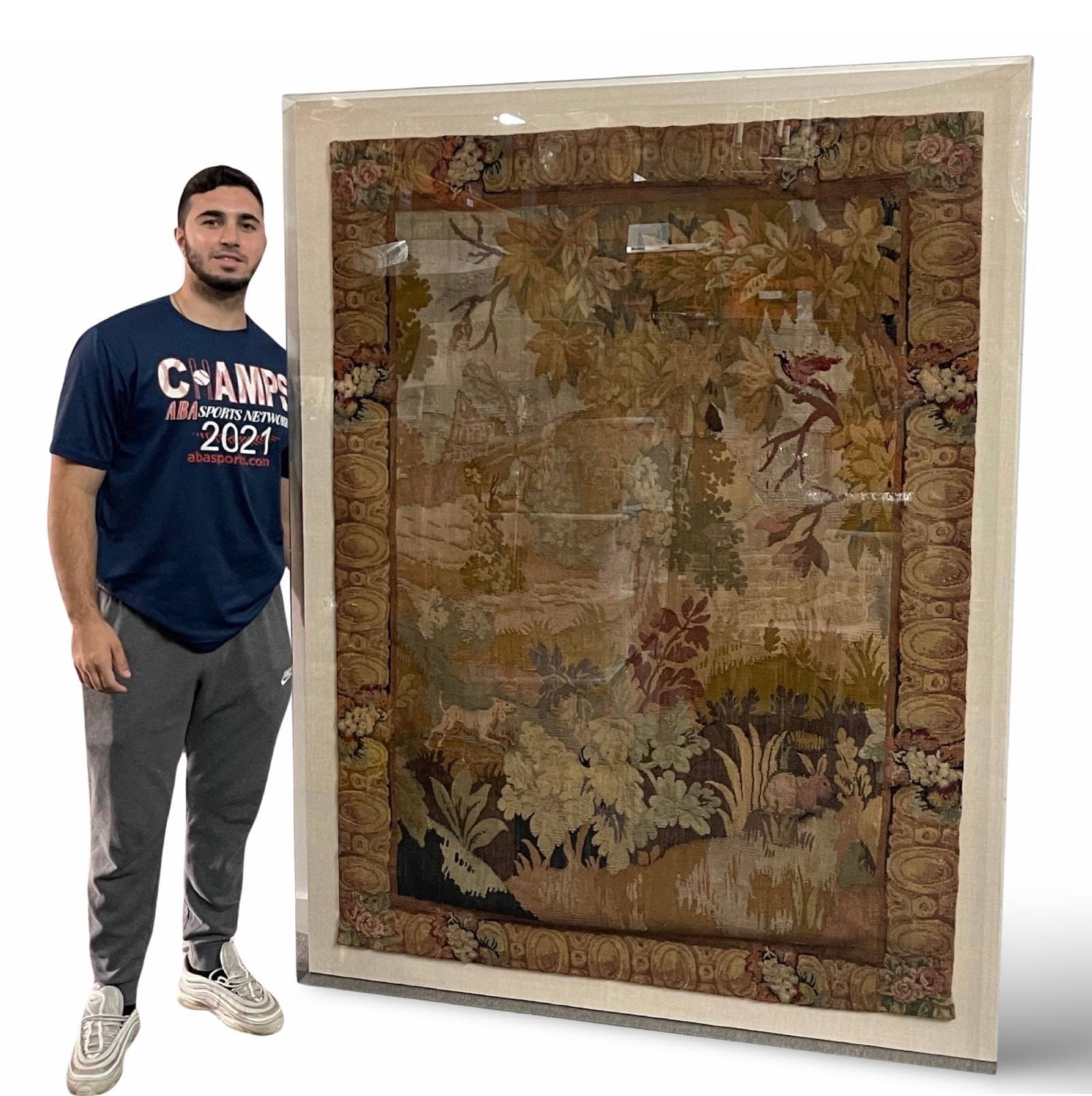 Antique Tapestry In Lucite Shadowbox Frame Auction