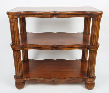 Century Furniture 3 Tier Console Table: mahogany Century furniture table featuring fluted columns sitting atop ball feet and a scalloped design on the shelves. Table in good condition with minimal wear as seen in the photos Measures 34 x 18