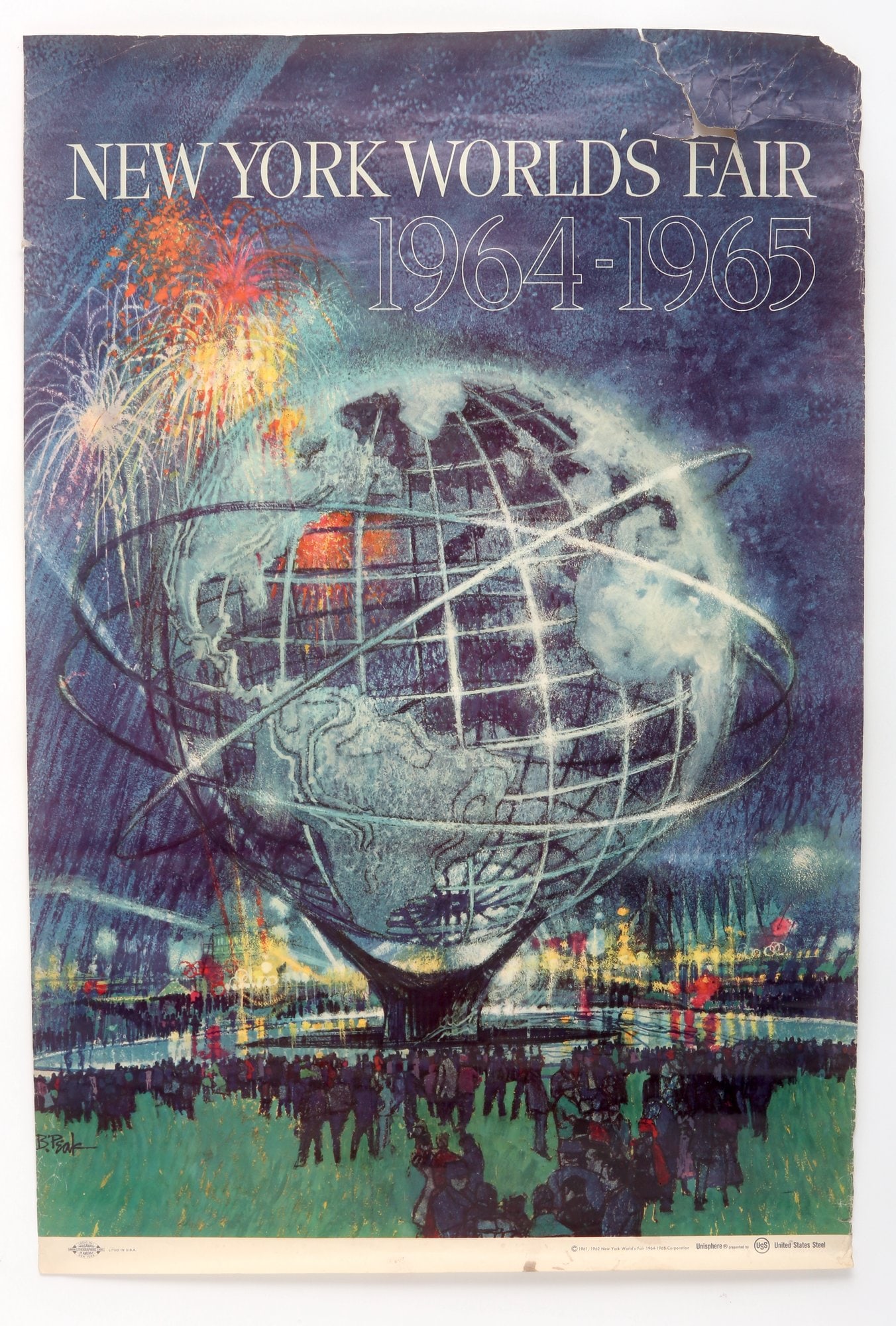 1964 Worlds Fair Poster: 1964 New York World’s Fair - Unisphere Globe Poster by Bob Peak-Significant tear in upper right hand corner of poster