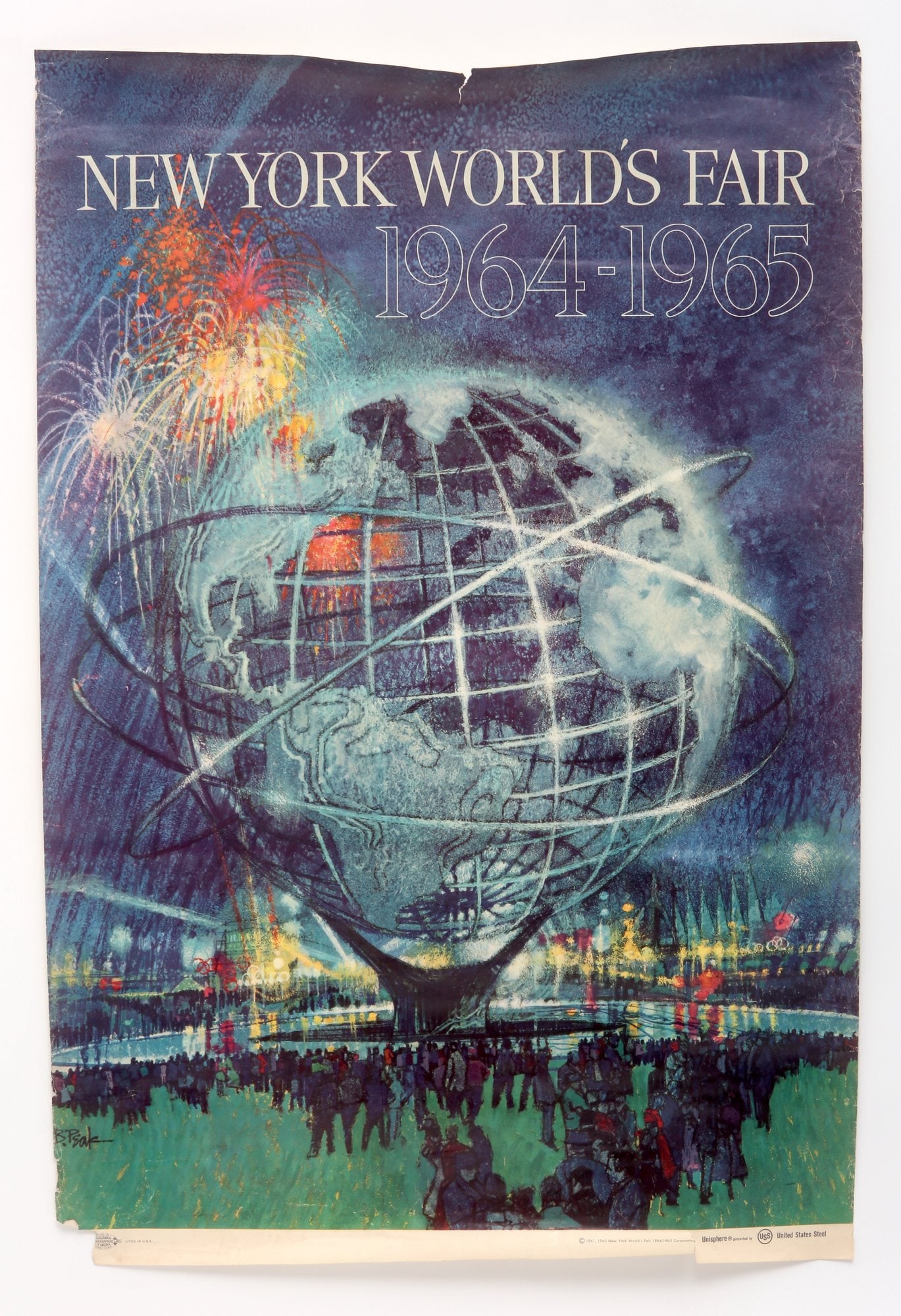 1964 New York Worlds Fair: 1964 New York World’s Fair - Unisphere Globe Poster by Bob Peak-Significant tear on top middle of poster