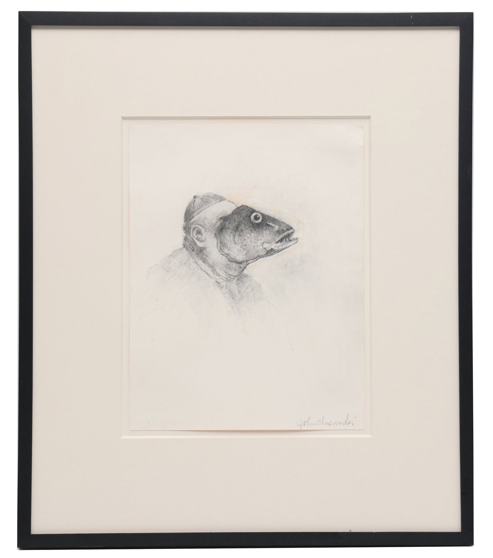 John Alexander American/Texas B. 1945 Fish Head 2010.: Charcoal and pastel on paper. from the private collection of Pascal Dangin NYC. Artist signed lower right. Framed behind museum glass and matted in frame- Frame measures 20 x 17.5 inches. Actual image