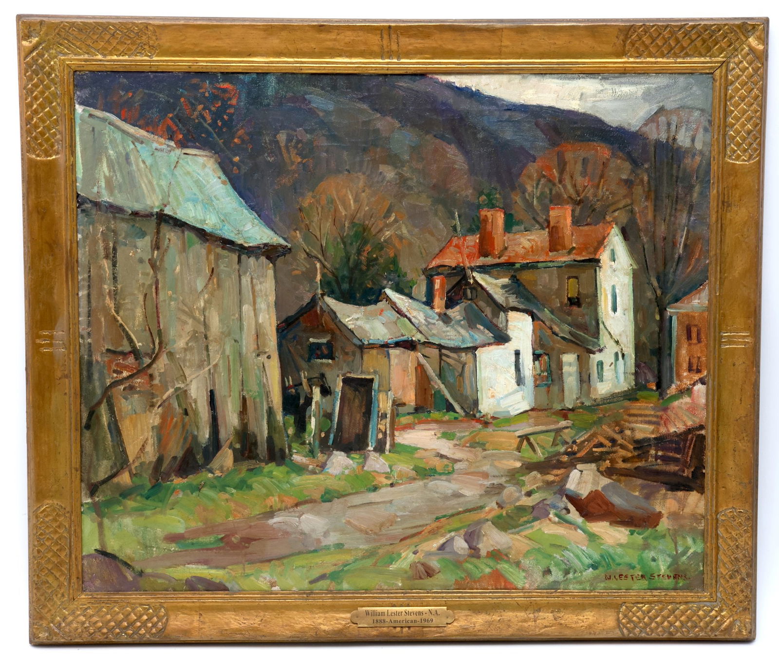 William Lester Stevens 1888 - 1969: Original masterpiece by the esteemed artist William Lester Stevens (1888 - 1969) this captivating oil-on-canvas painting captures the timeless essence of a rural home landscape. Encased within a the p
