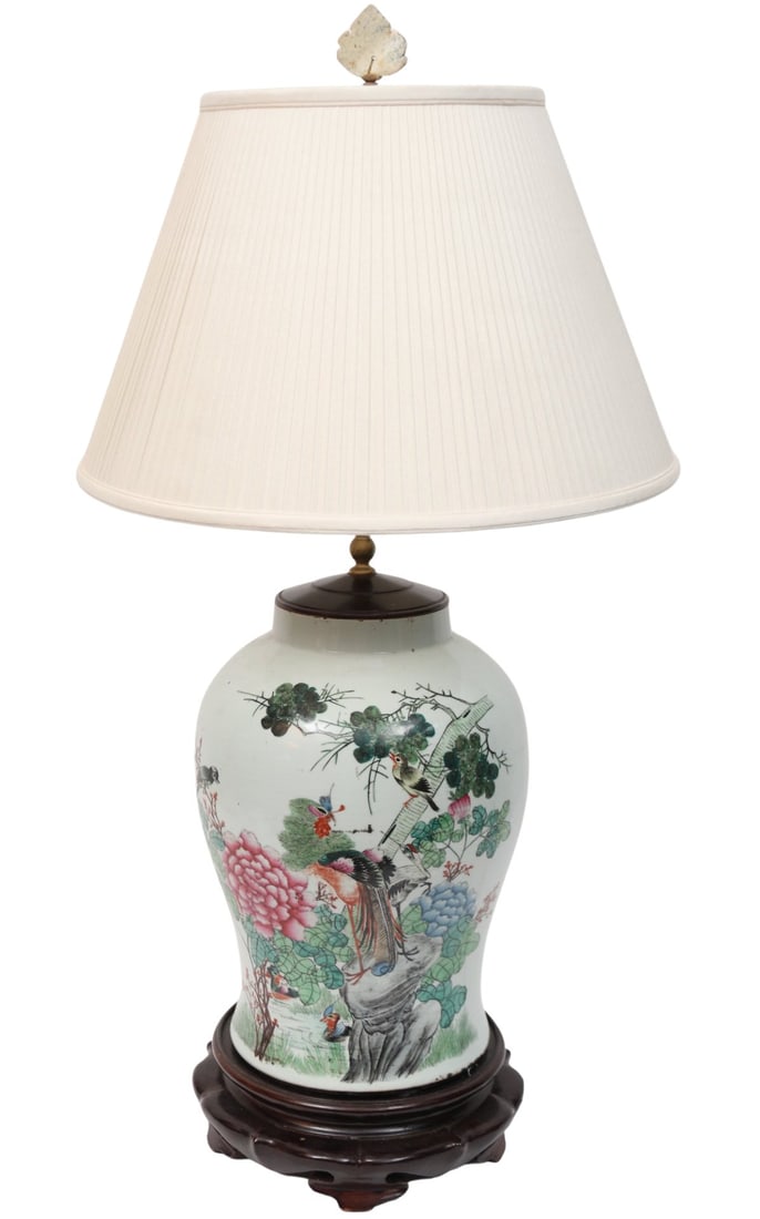 Chinese Famille Rose Porcelain Vase Turned Into Lamp: This vintage Chinese Famille Rose porcelain vase is adorned by hand painted figures of birds and trees on one side and calligraphy on the another side. Notes: some chips in the bottom of the porcelain