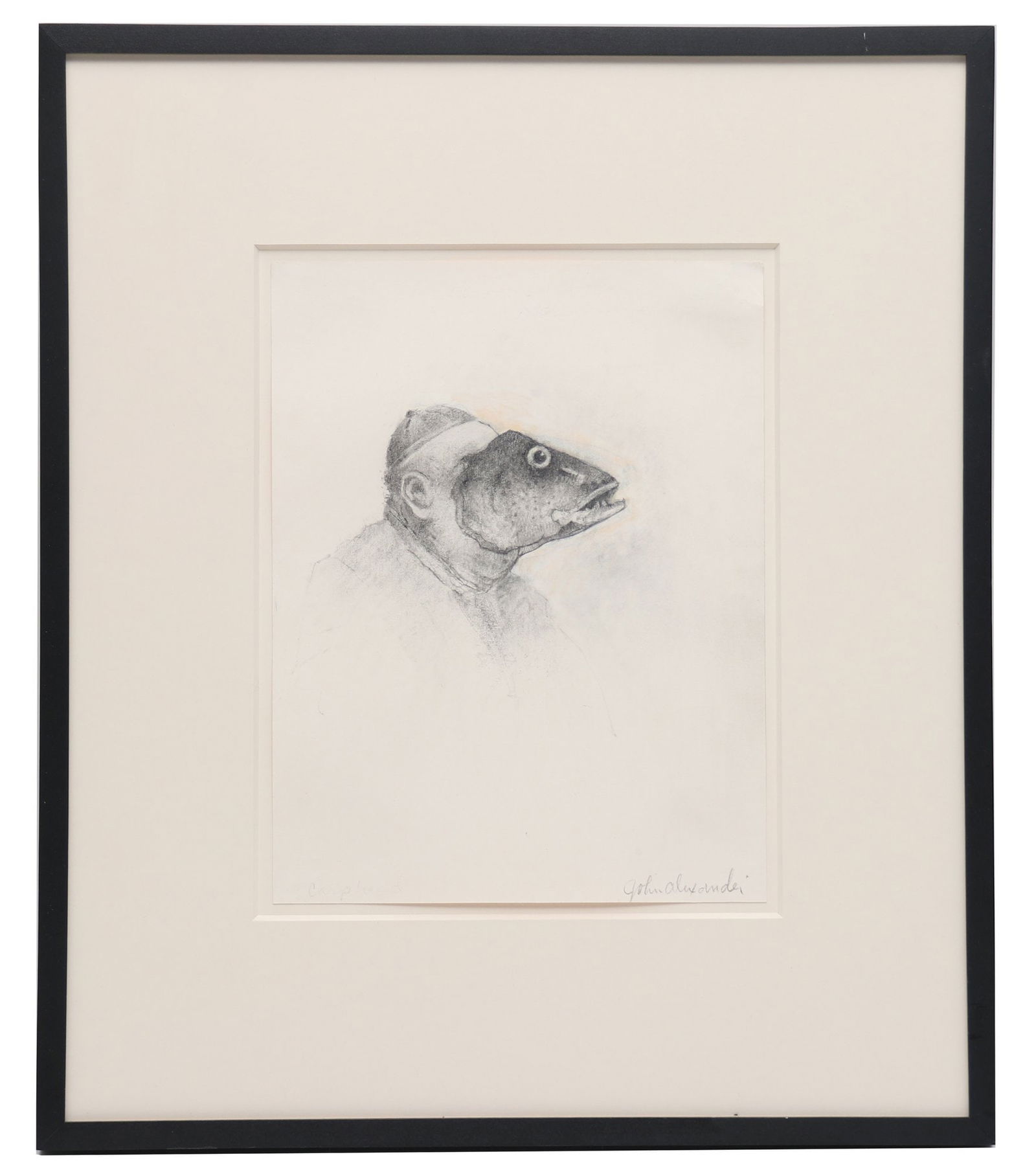 John Alexander (American/Texas, B. 1945), Fish Head, 2010.: Charcoal and pastel on paper. from the private collection of Pascal Dangin NYC. Artist signed lower right. Framed behind museum glass and matted in frame measures 20 x 17.5 Low Estimate: 4000.00 High