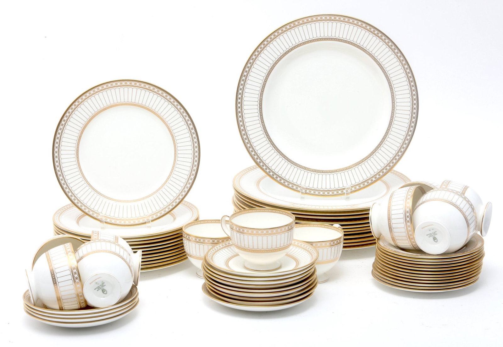Wedgewood Bone China Colonnade Dish Set 60 Pcs: Includes 12 dinner plates 12 salad plates 12 desert plates 13 saucers 11 cups Low Estimate: 200.00 High Estimate: 500.00