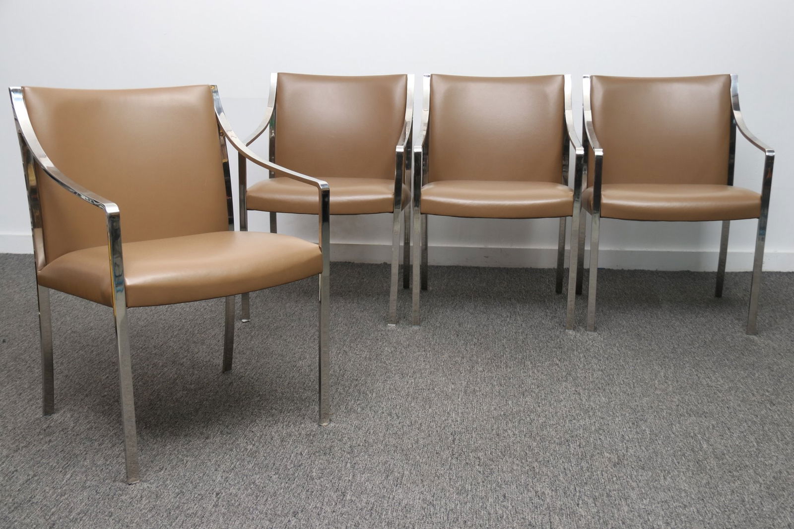 Chrome Accent Chairs In Original Naugahyde By Bert England - Set Of 4: Set of four Chrome Accent Chairs in Original Naugahyde by Bert England for Stow Davis c. 1960s The set of chairs is constructed on an architectural chrome base with the original leatherette / Naugahyd