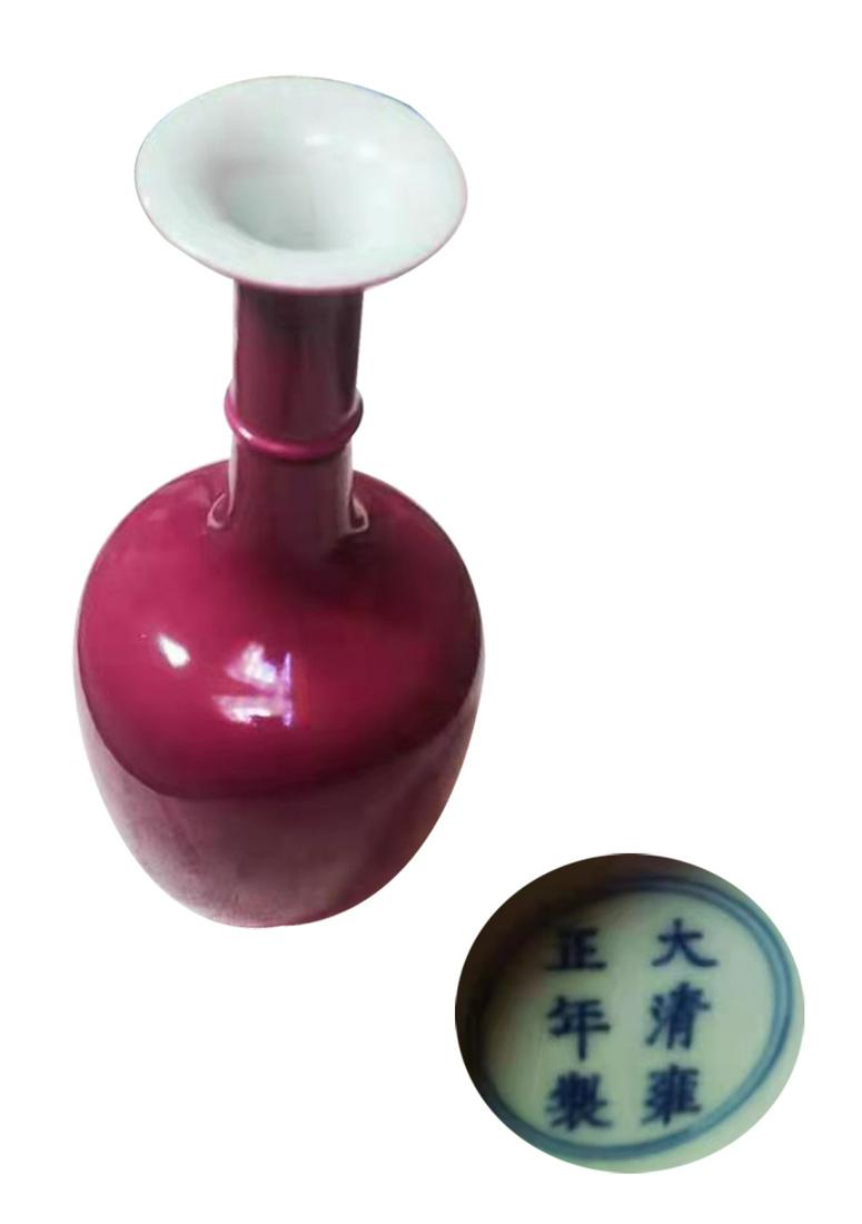 A QING DYNASTY STYLE ROUGE RED GLAZE LONG NECK BOTTLE (1 of 1)