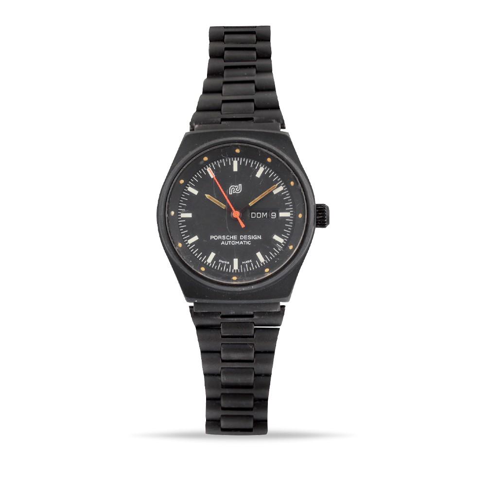 PORSCHE DESIGN: Fine, self-winding, steel and PVD wristwatch with day/date, original bracelet and deployant clasp DIAM: 29 mm