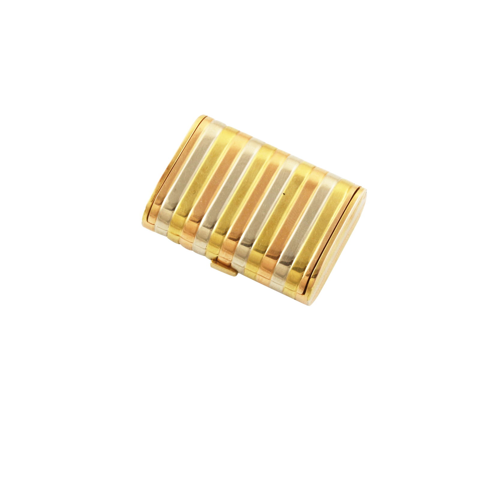18KT THREE COLOUR GOLD PILLBOX: Total weight gr. 28,3Size approx. 3,5 x 2,5 h 1,2 cm