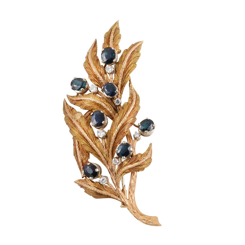 18KT GOLD, SAPPHIRES AND DIAMONDS BROOCH (1 of 1)
