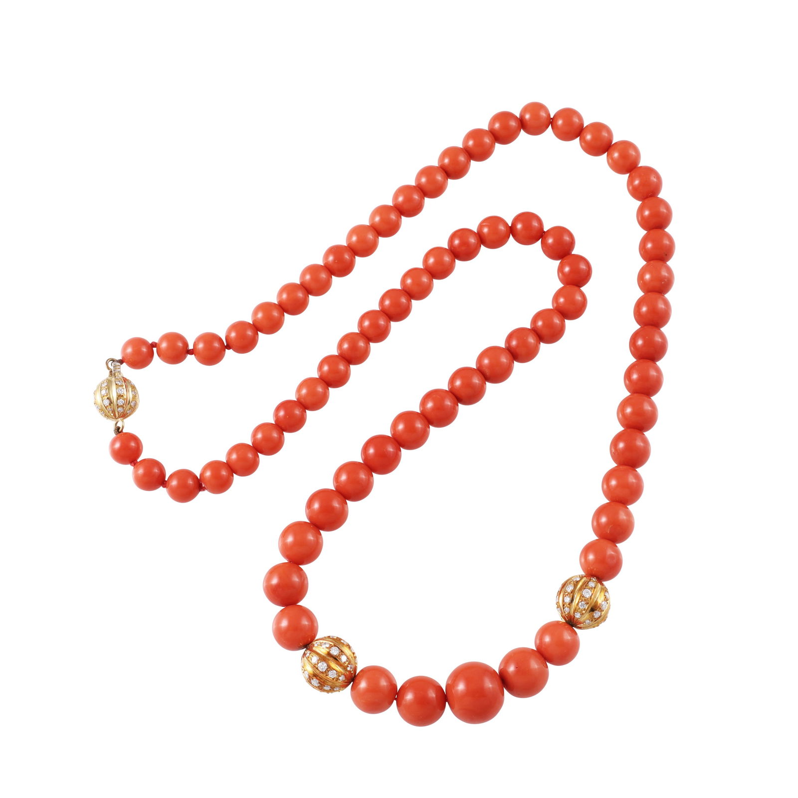 ~ A SINGLE-STRAND CORAL NECKLACE, WITH 18KT GOLD AND DIAMONDS BOULES, ONE SERVING AS THE CLASP (1 of 1)