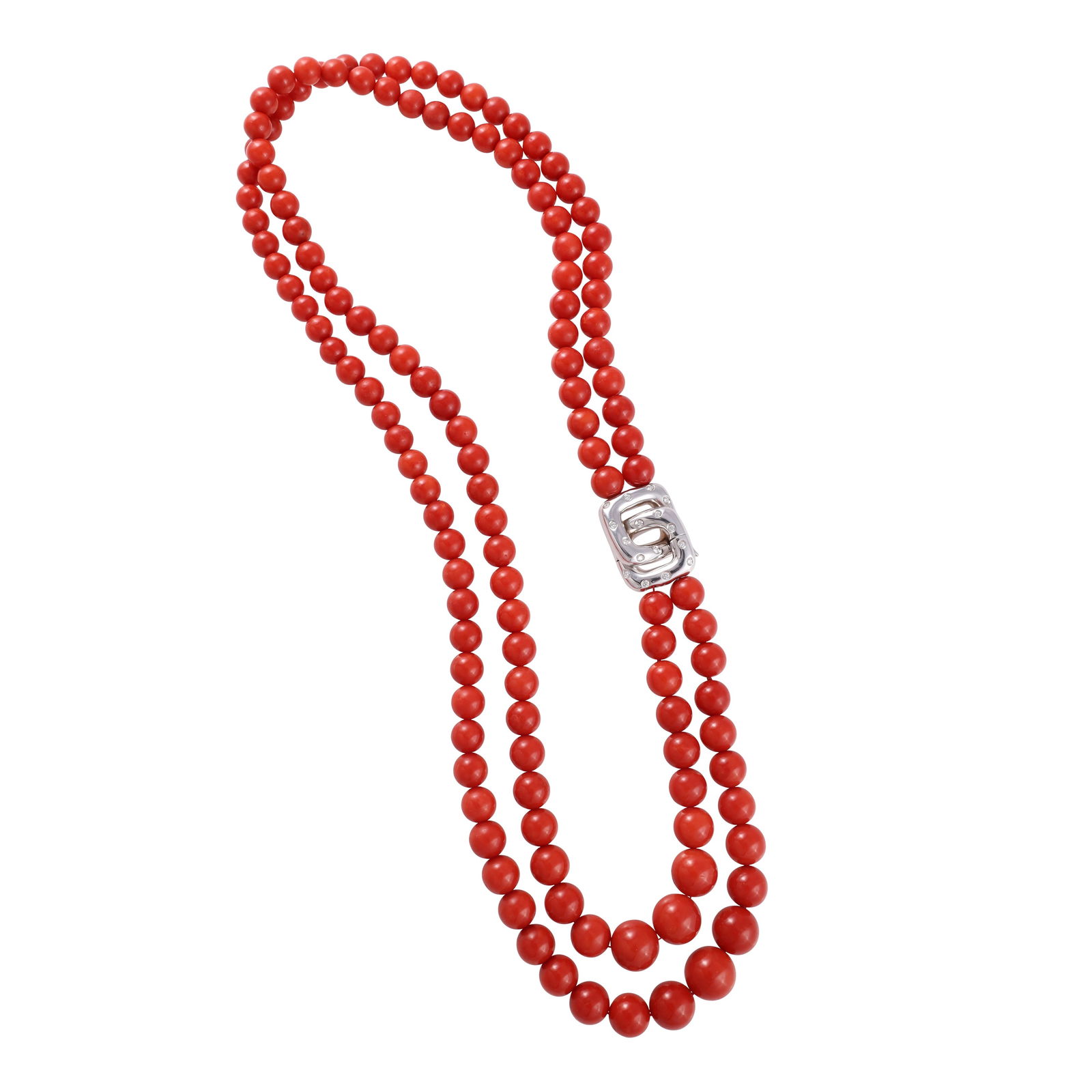 ~ TWO-STRAND CORAL NECKLACE, WITH 18KT GOLD AND DIAMONDS CLASP (1 of 1)