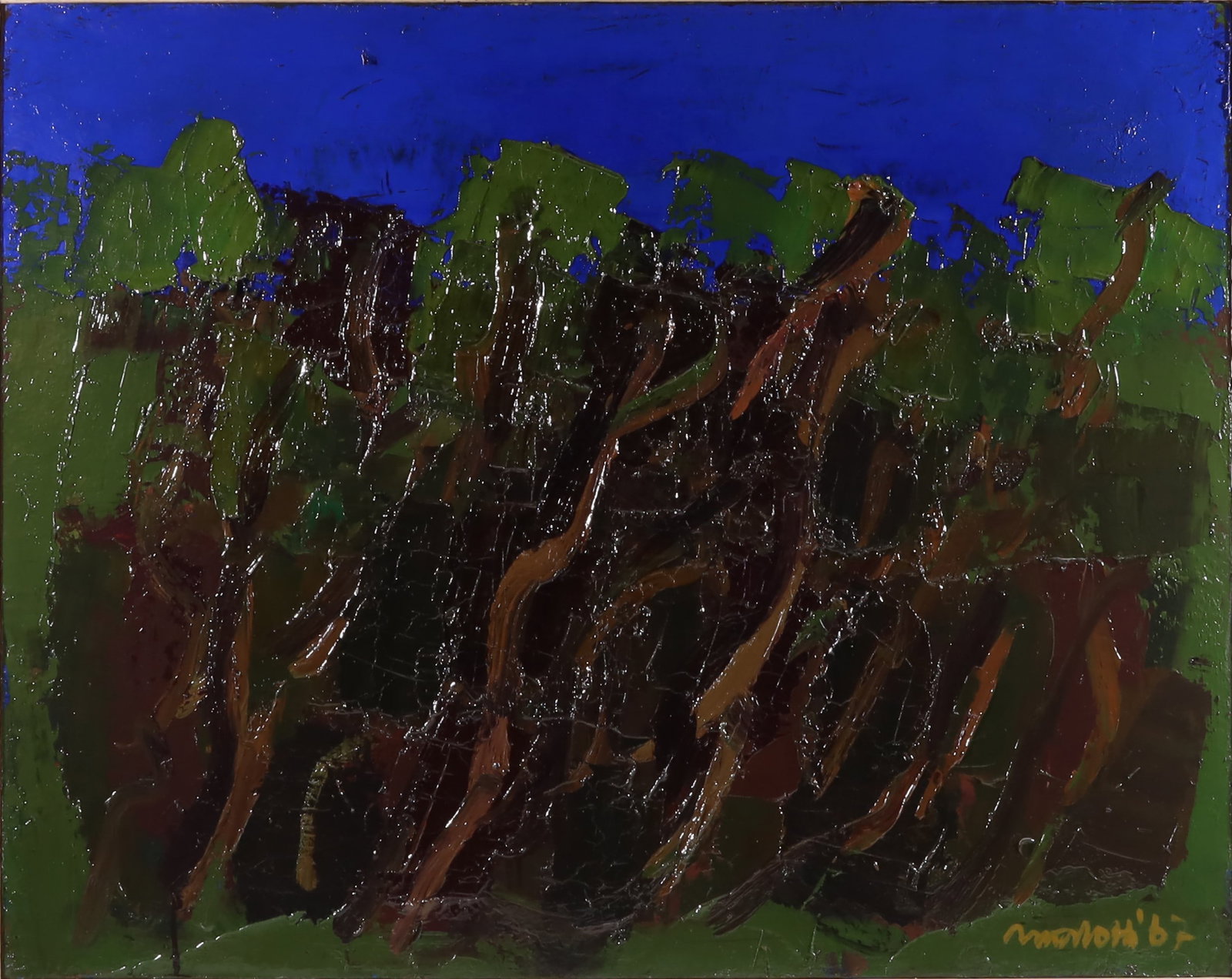 ENNIO MORLOTTI: LANDSCAPE Oil on canvas Signature and date lower rightOn the back, lower left, there is a label from the Galleria delle Ore 1967 Work authenticated on photograph by the Ennio Morlotti Works Archive As