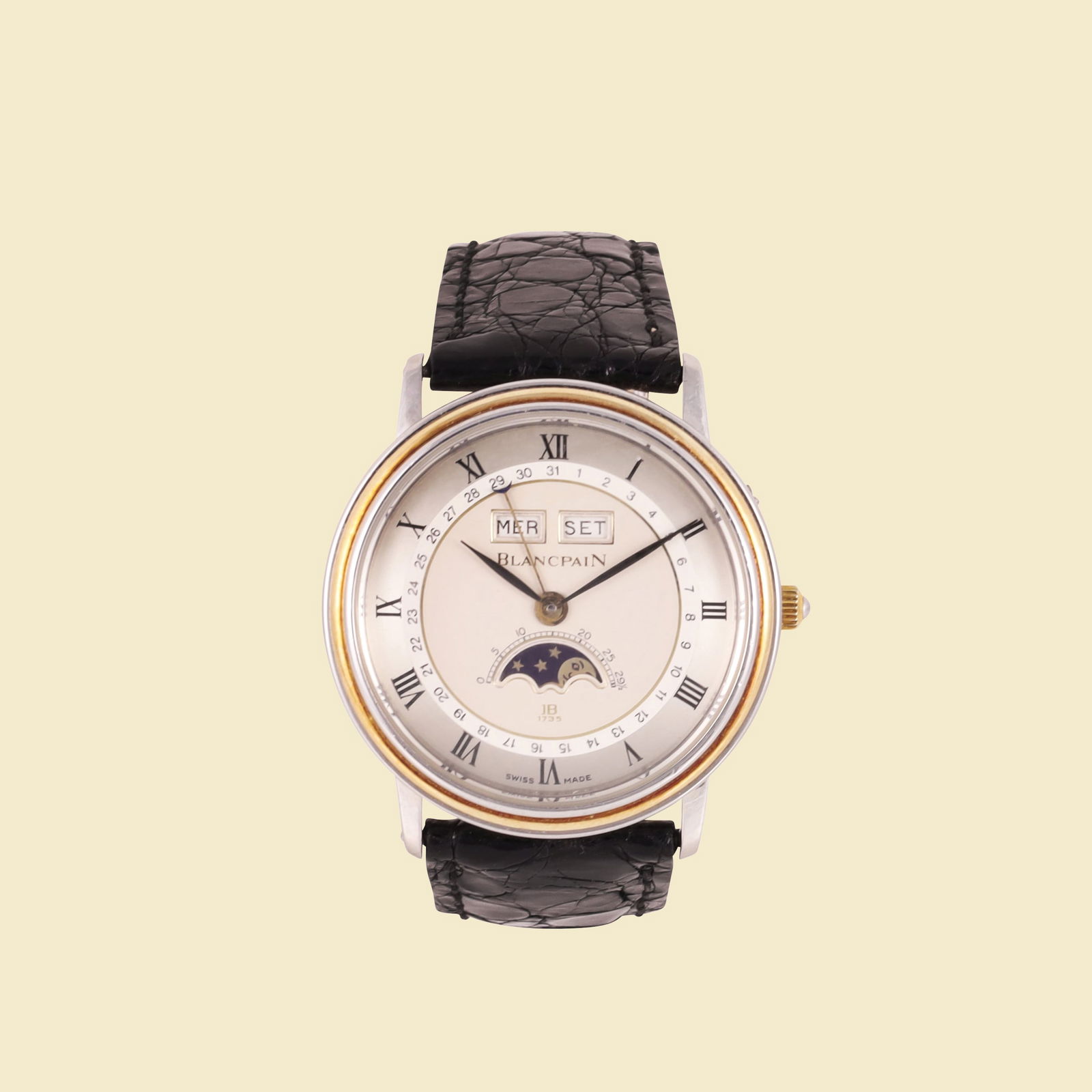 Blancpain: Ref: 1735, VilleretFine, stainless steel and gold wristwatch with triple calendar and moon phase and original gold deployant claspMade circa 2000'sDIAM: 34 mm