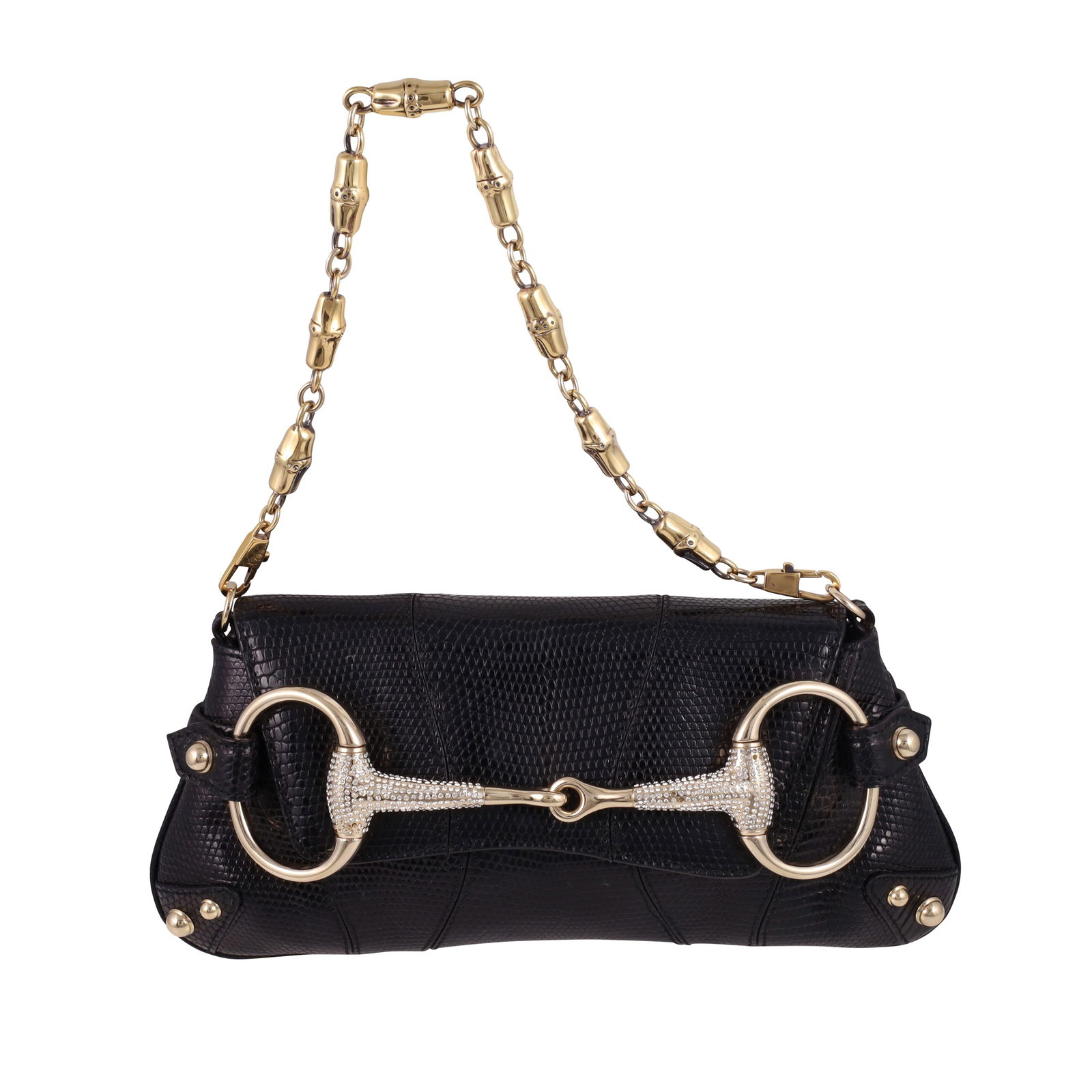 Gucci 'Horsebit' Black: Gucci bag in black with gold hardware Interior pocket, detachable gold-tone chain Horsebit detail embellished with crystals, some missing Dimensions 12.7 x 26.6 cm, depth 2.5 cm approx. Internal code
