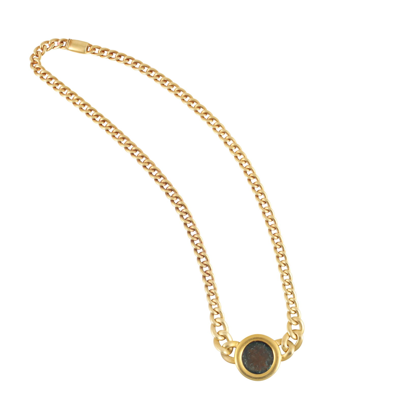 18KT GOLD NECKLACE WITH BRASS COIN: Total gross weight gr. 28,7 Length 40 cm Signed: Chimento